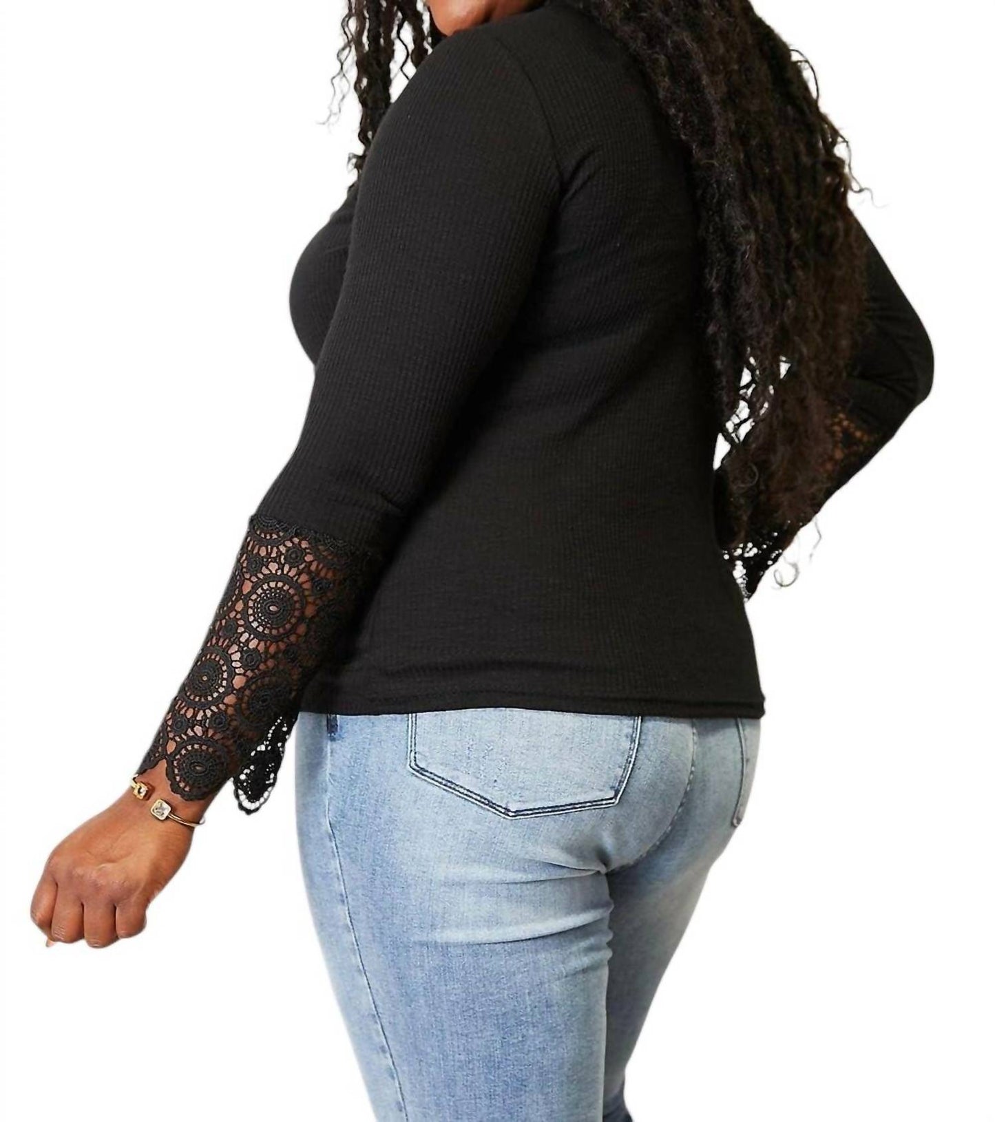 Double Take - Elegant Crochet Lace Border Sleeve Button Blouse