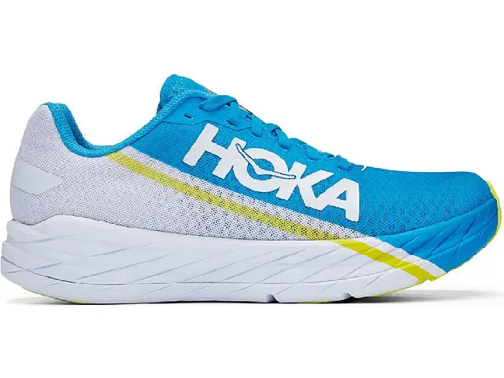 Tênis de corrida masculino Hoka One One Rocket X, branco/azul diva, tamanho 8 D, médio, EUA
