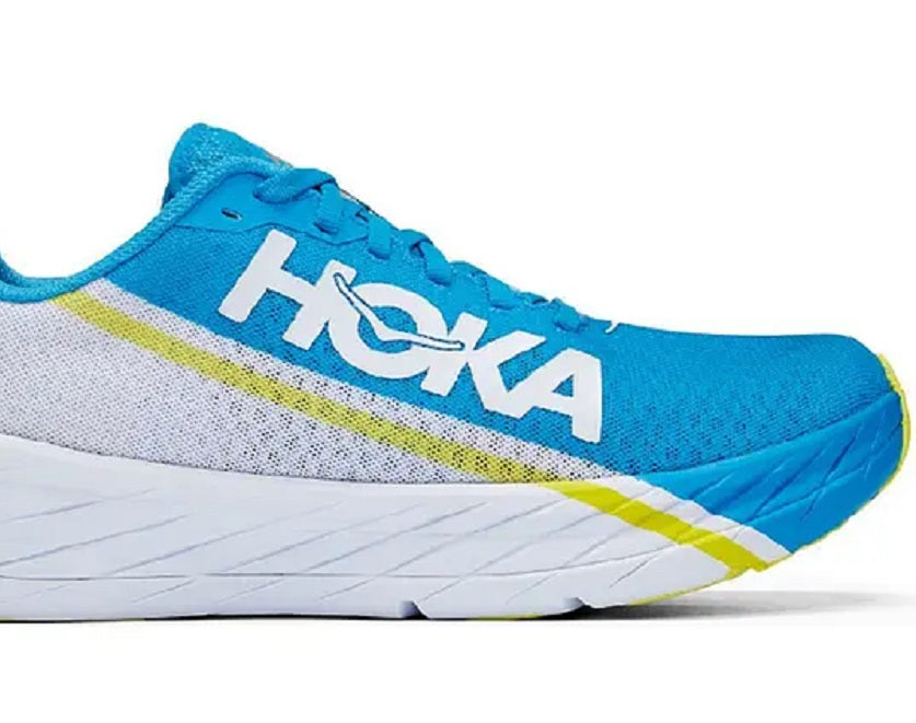 Tênis de corrida masculino Hoka One One Rocket X, branco/azul diva, tamanho 8 D, médio, EUA