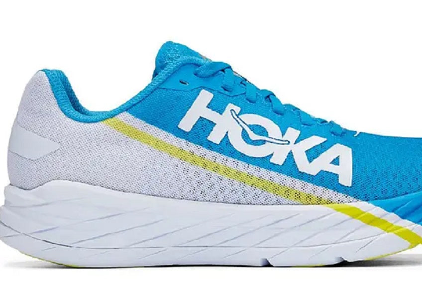 Tênis de corrida masculino Hoka One One Rocket X, branco/azul diva, tamanho 8 D, médio, EUA