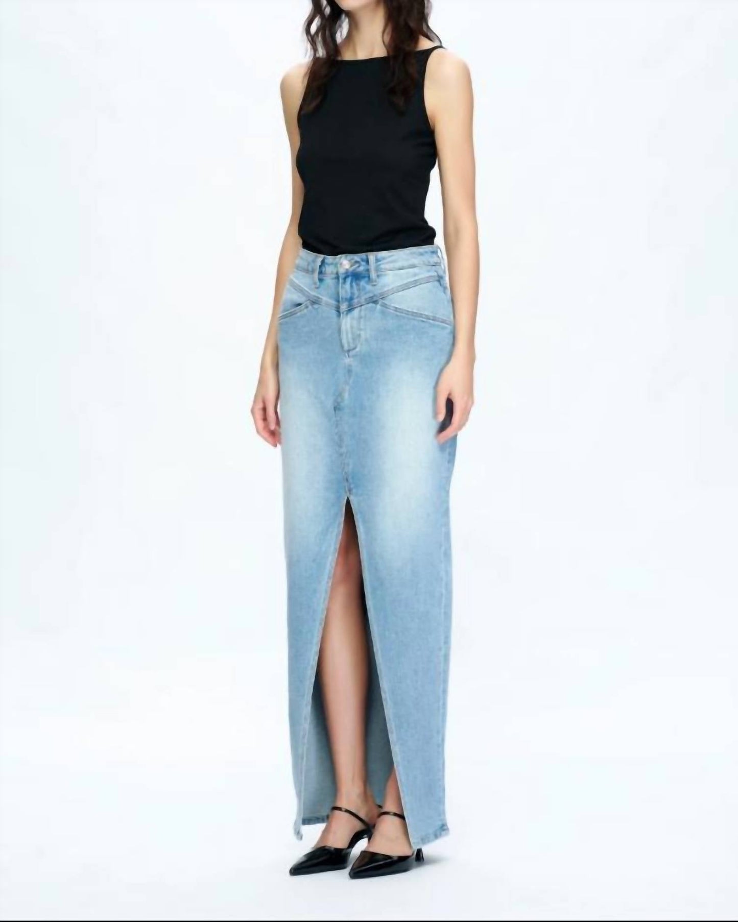 Bayeas - Lauren Mid Rise Slit Denim Maxi Skirt