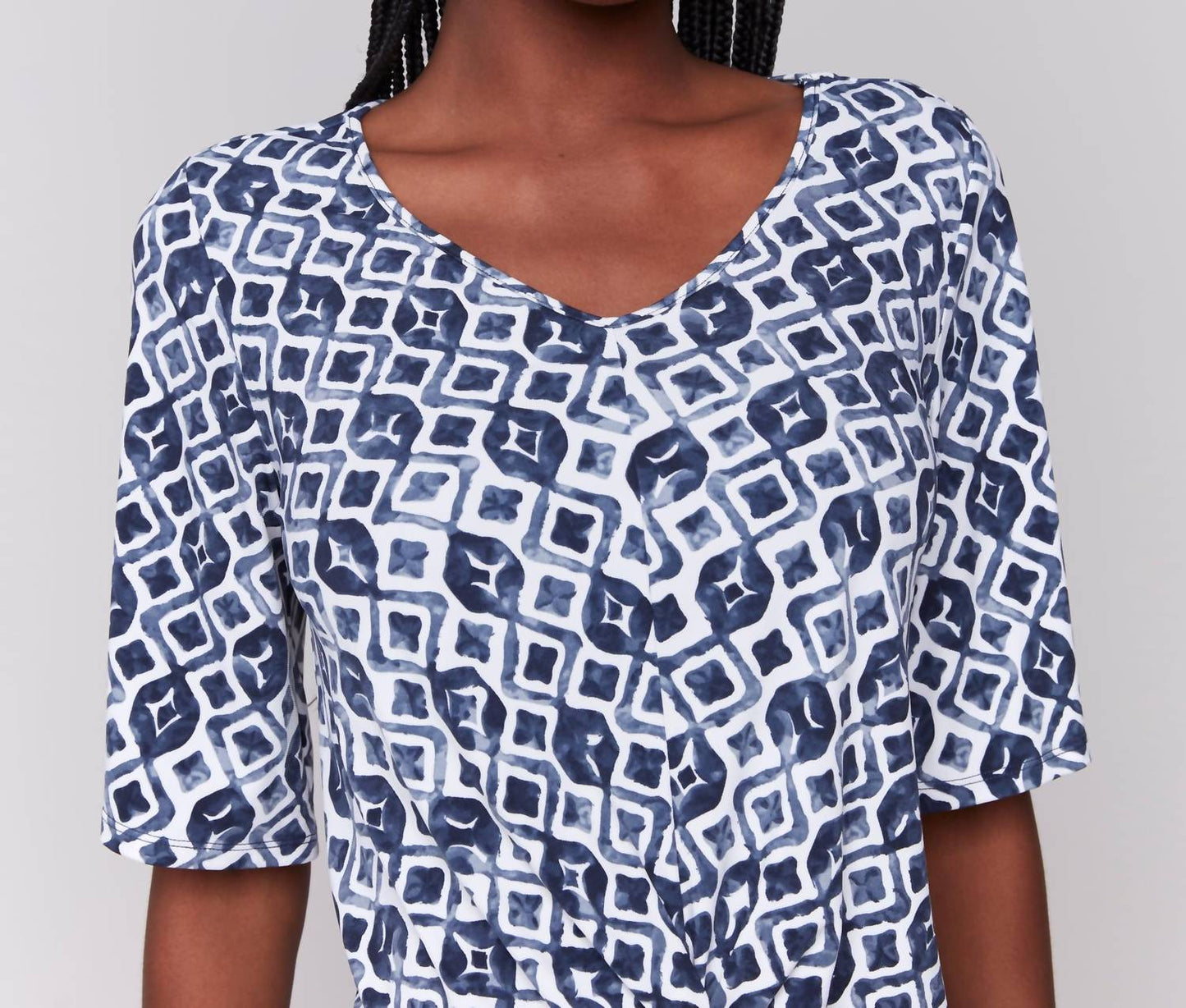 Charlie B - Twist Front Printed V Neck Top