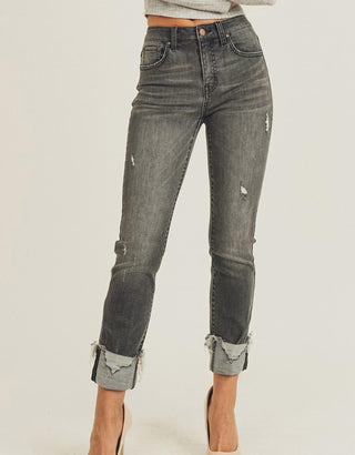 Risen - Calça jeans reta com cintura média e punho desfiado