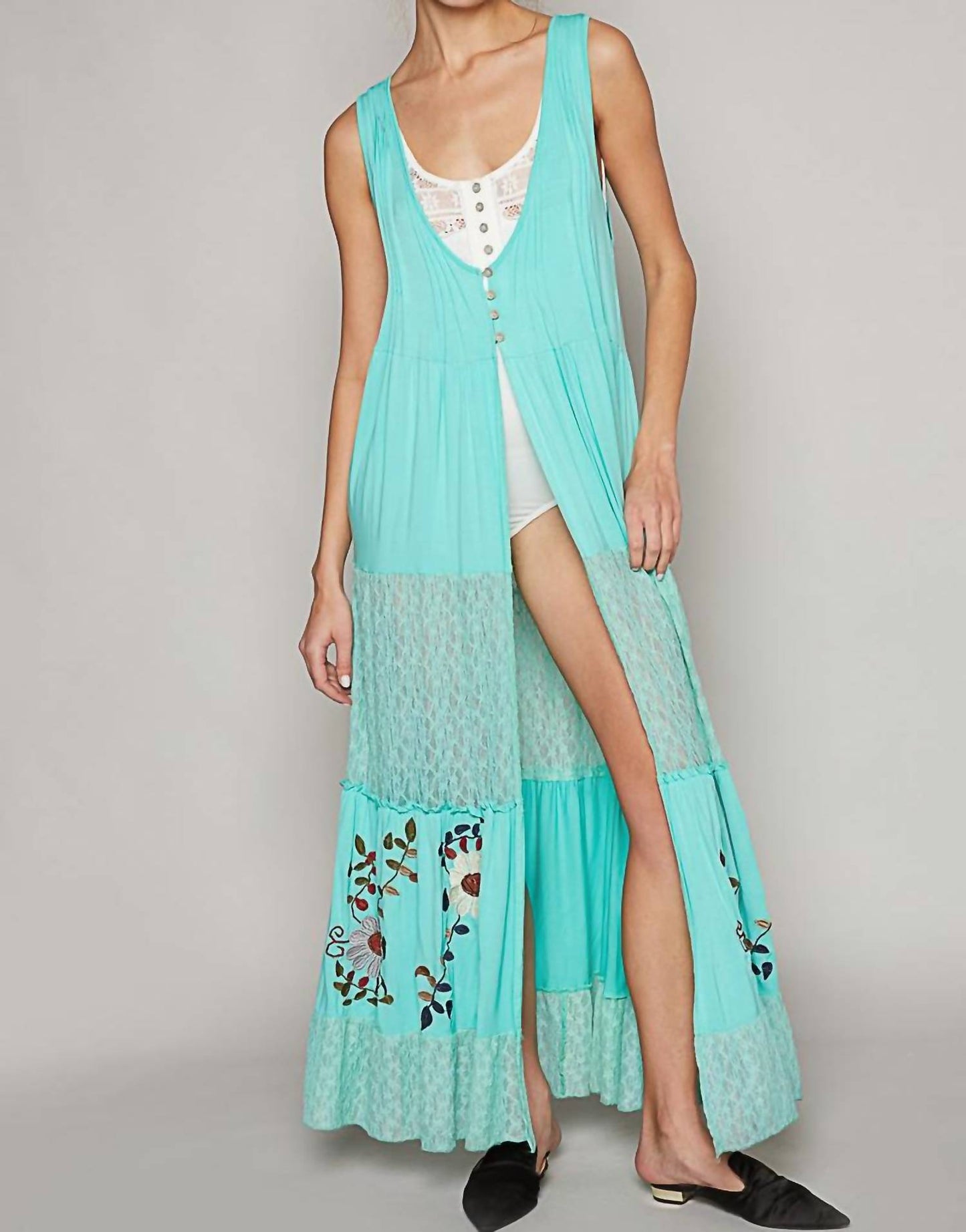 Pol - Embroidered Lace Button Long Vest