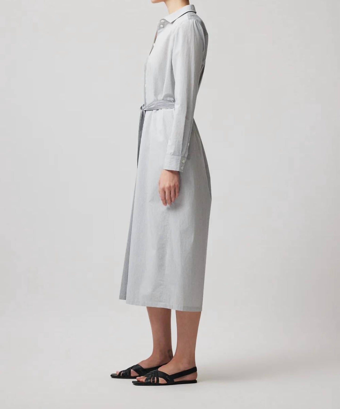 Atm - Mixed Stripe Shirting Belted Shirt Dress