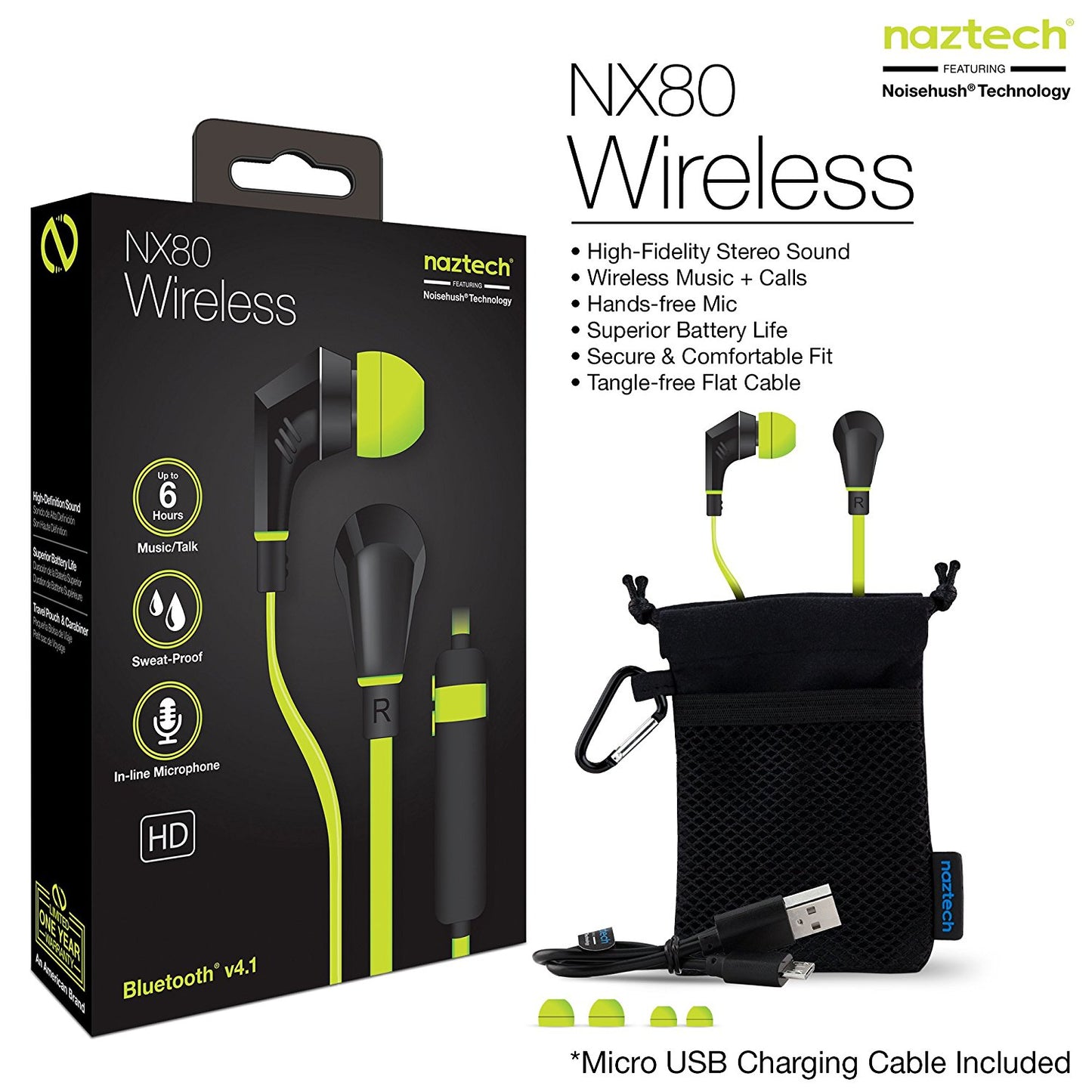 Fone de ouvido Bluetooth sem fio Naztech NX80 para smartphones/computadores universais
