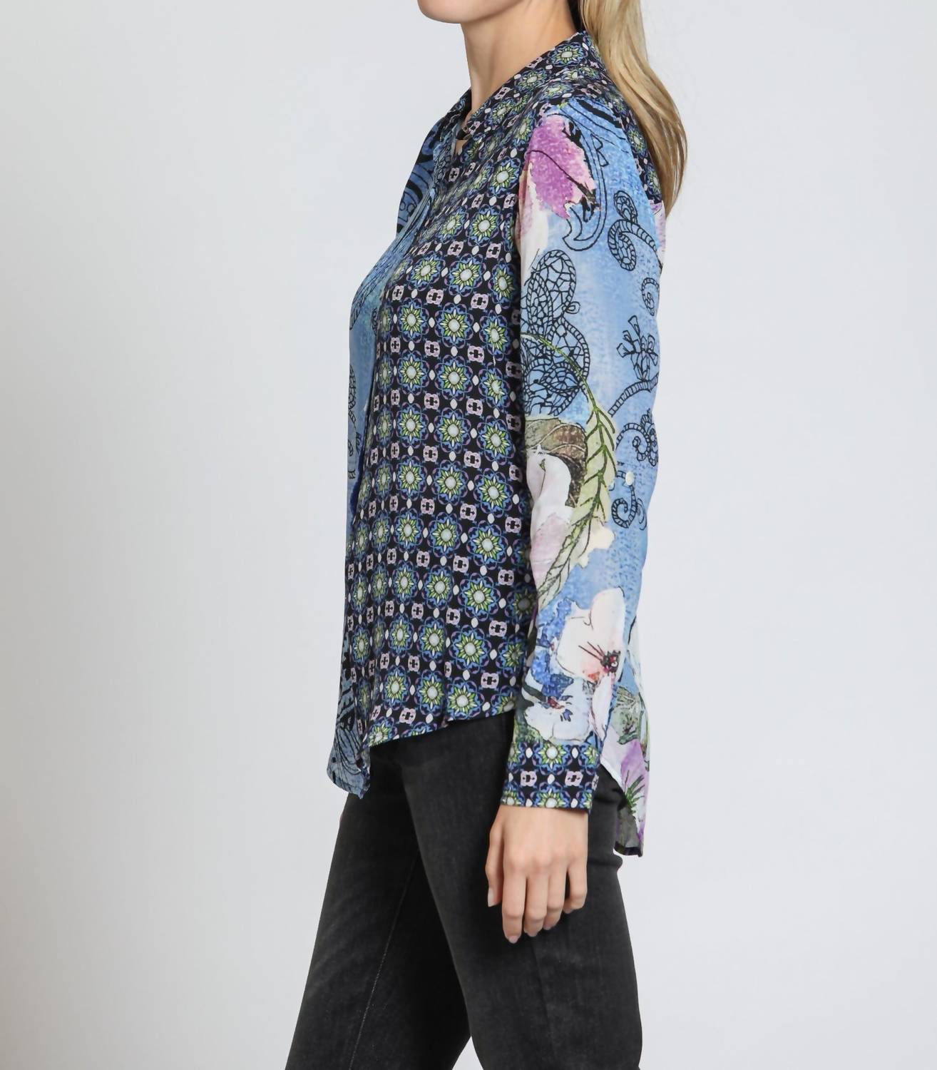 Apny - Mixed Print Button-up Blouse