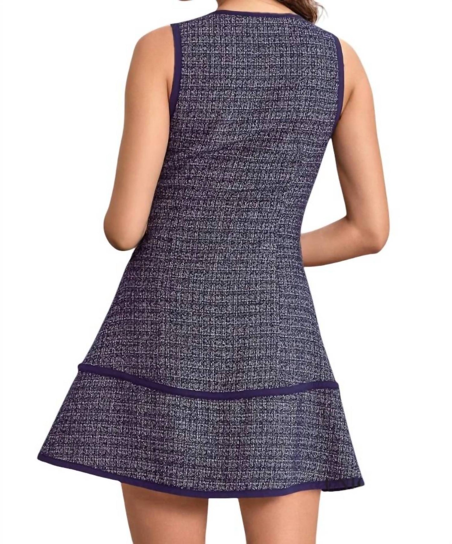 Entro - Tracy Piping Detail Front Zipper Tweed Sleeveless Dress