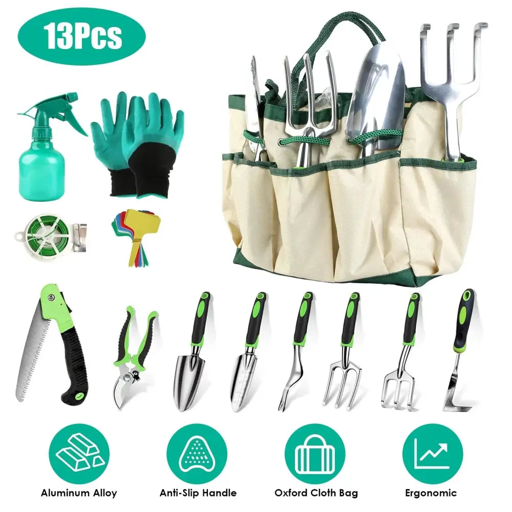 13 Piece Ergonomic Aluminum Garden Tool Set with Storage Bag