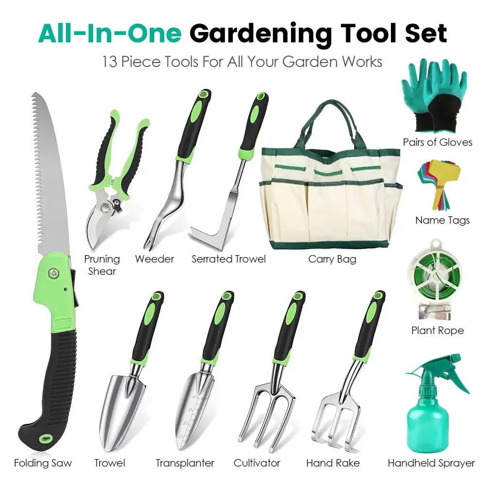 13 Piece Ergonomic Aluminum Garden Tool Set with Storage Bag