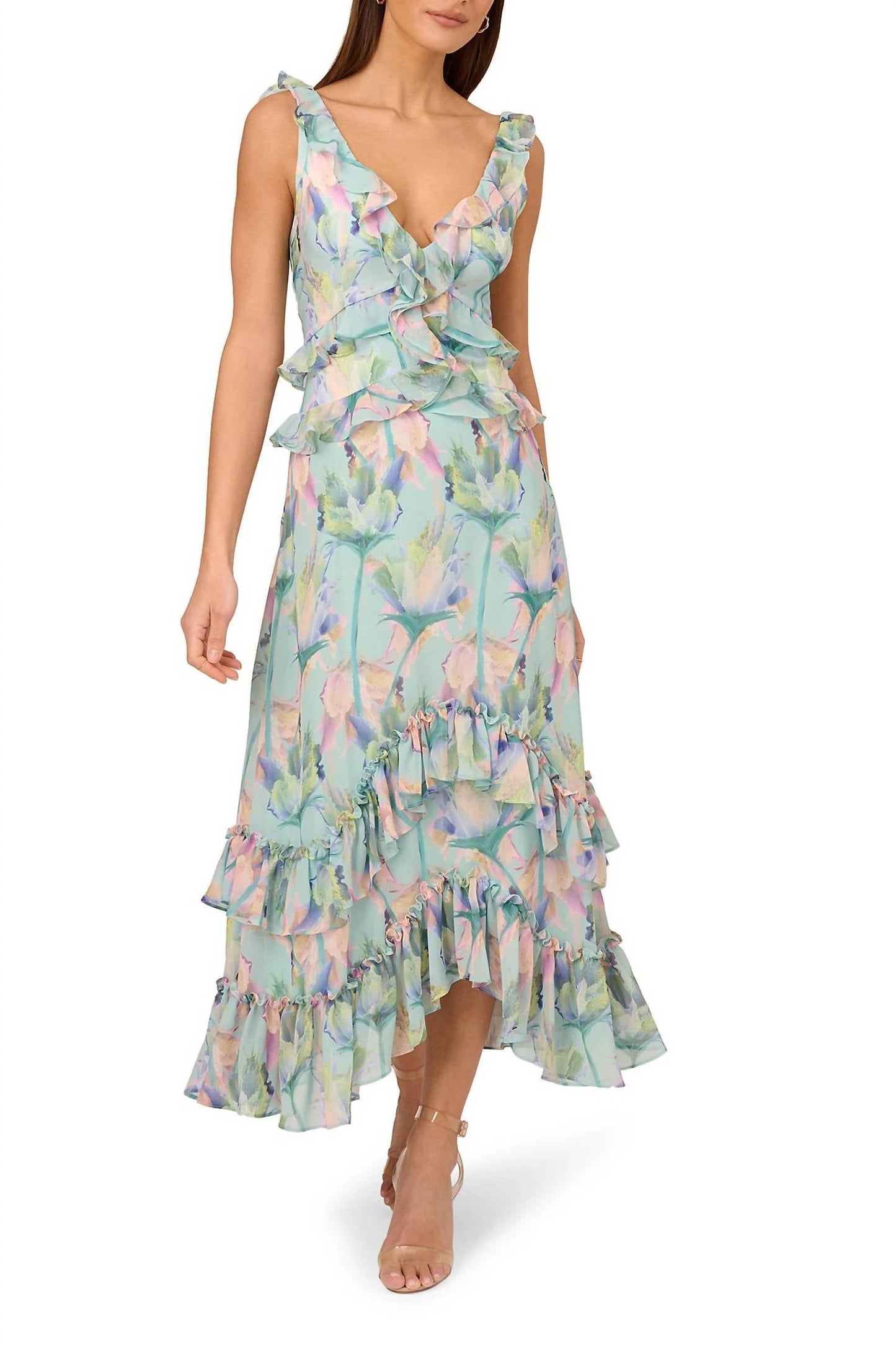 Adrianna Papell - Floral Print Chiffon V-neck Sleeveless Ruffle Trim Midi Dress