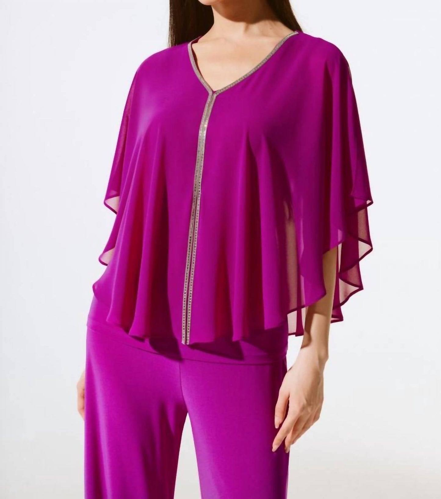 Joseph Ribkoff - Rhinestone Trim Ruffled Chiffon Poncho