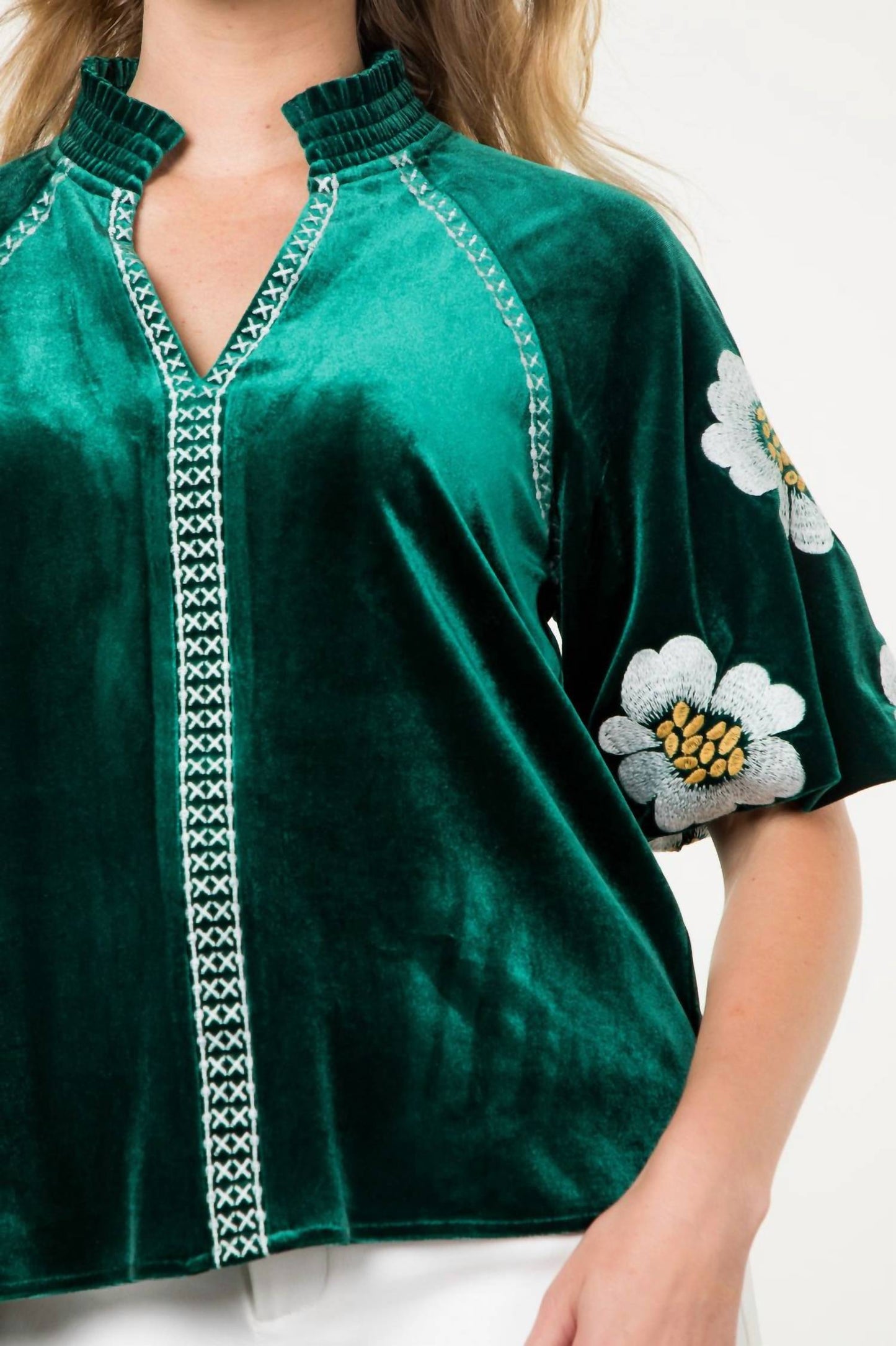Thml - Embroidered Velvet Puff Sleeve Top