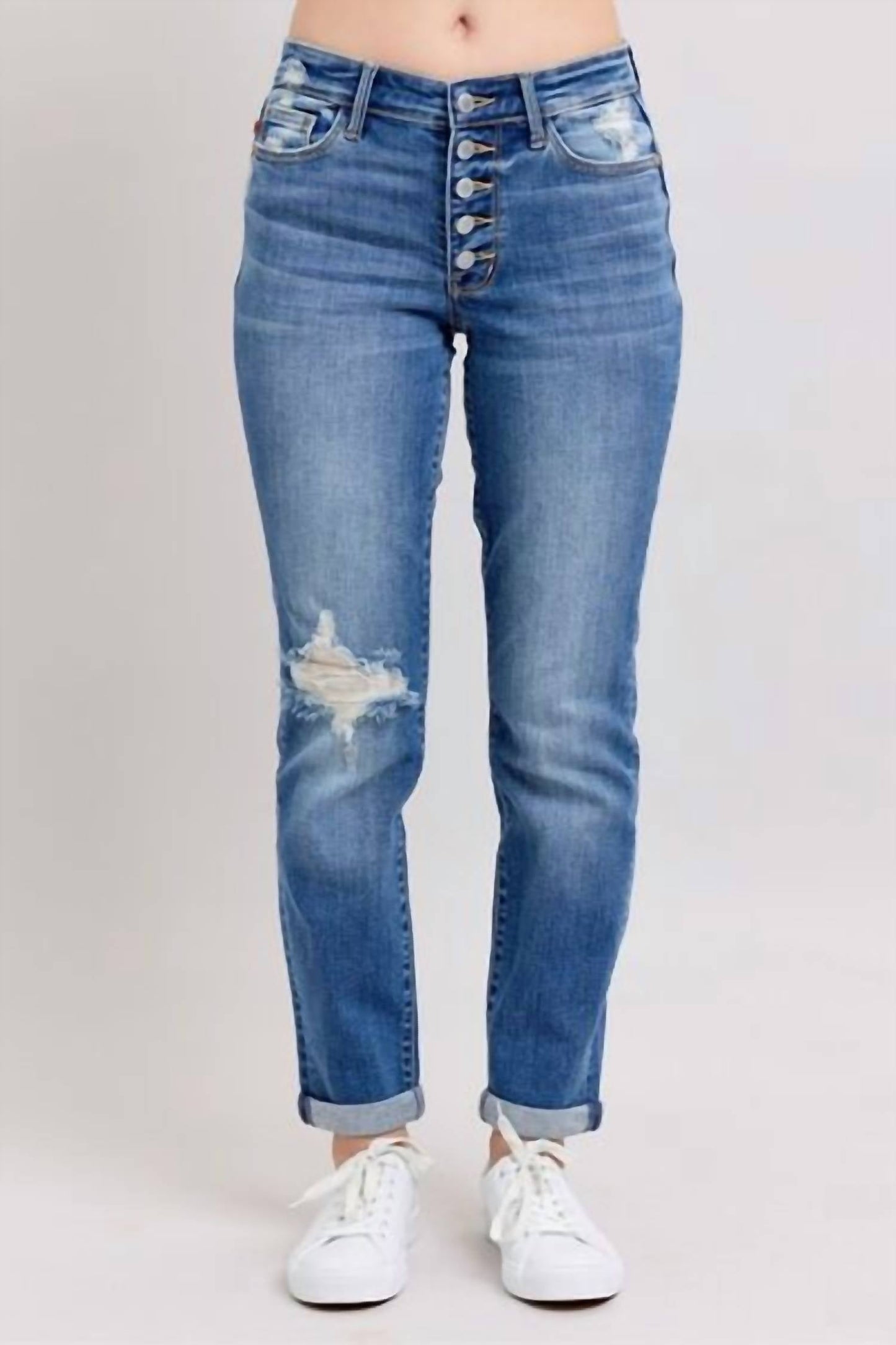 Judy Blue - Mid Rise Button Fly Distressed Boyfriend Jeans
