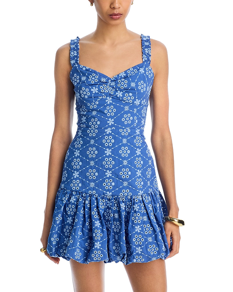 Aqua Eyelet Bubble Hem Mini Dress