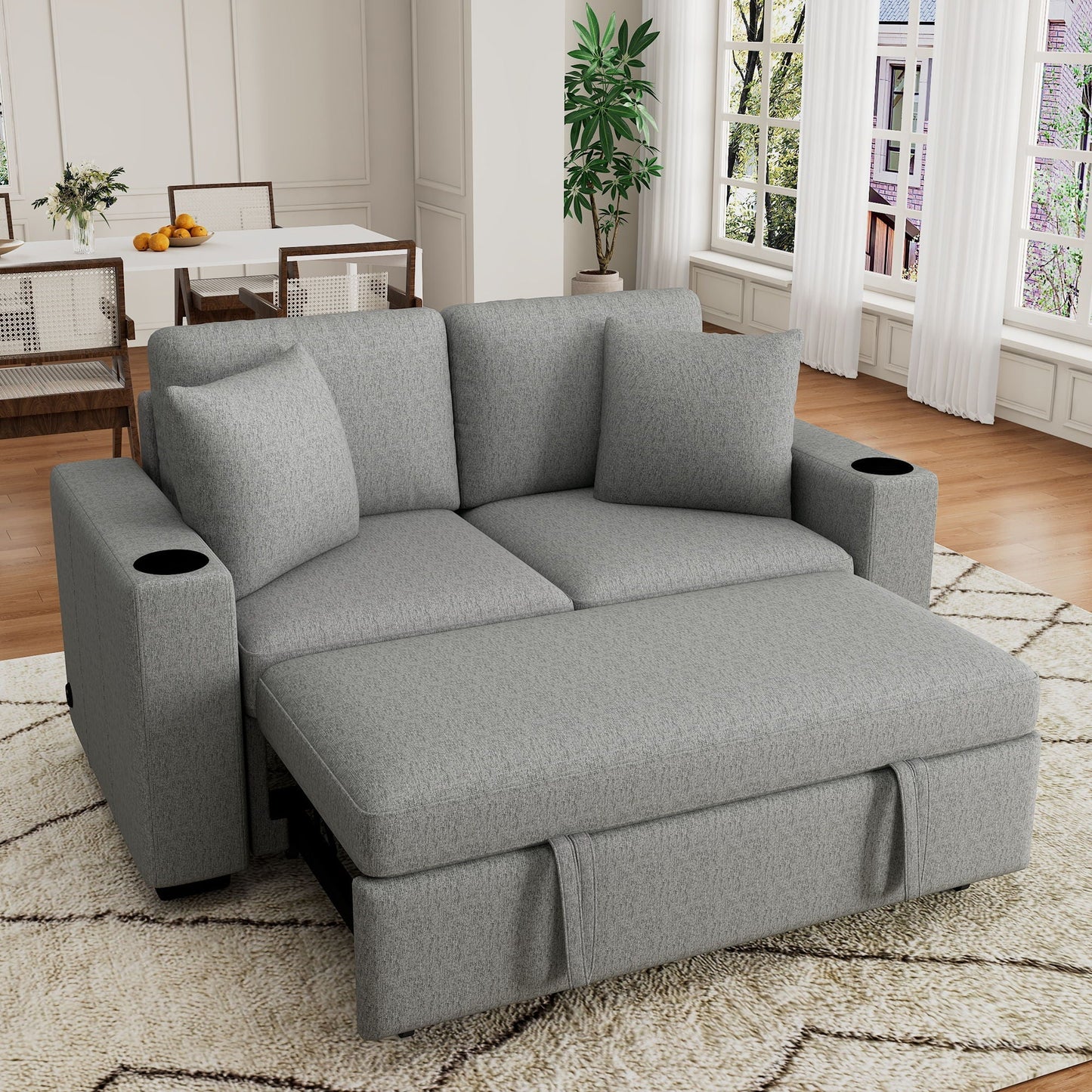Modern 2 Seater Loveseat Sofa With Pull-Out Bed, Fabric, USB Ports & Cup Holders