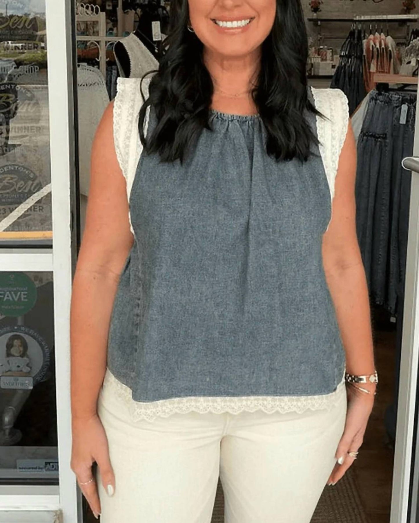 Adora - Denim Sleeveless Top With Lace Sleeve & Hem