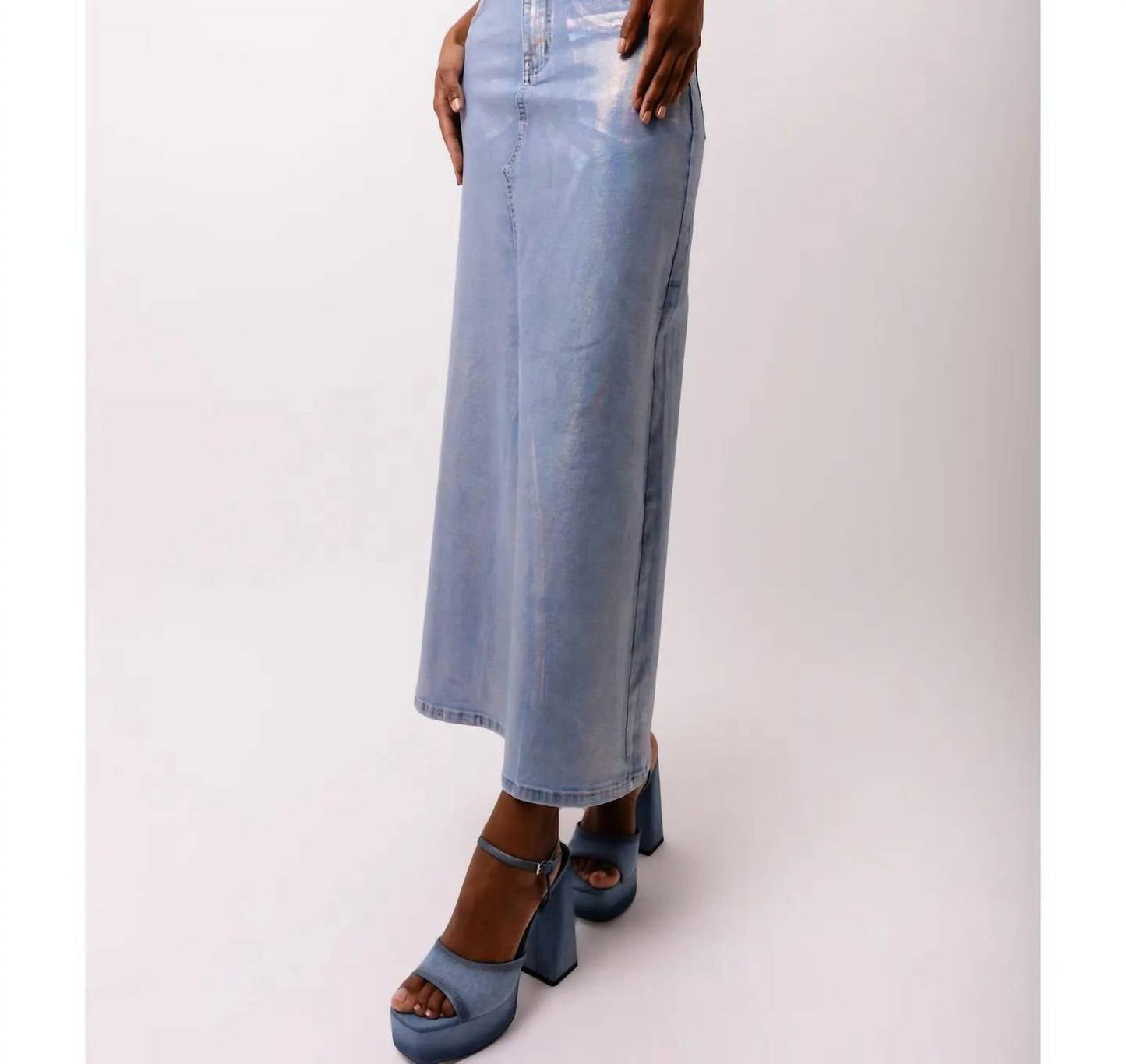 Amylynn - Mimi Stretch Metallic Light Denim Maxi Skirt