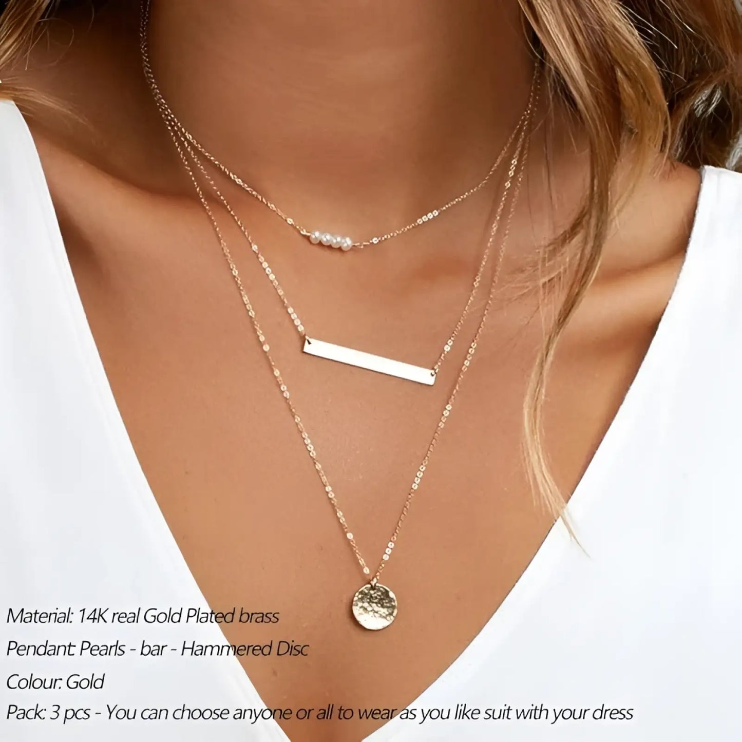 14k Gold Plated Layered Necklace Set with Bar and Disc Pendants