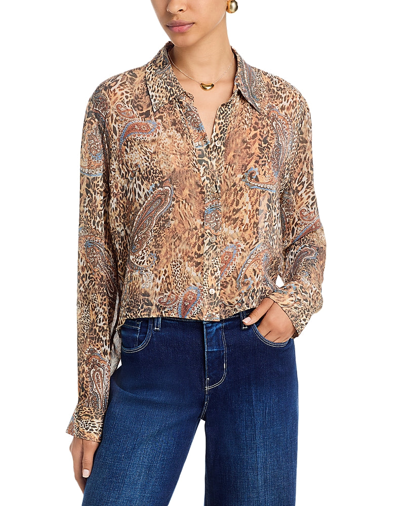 LAGENCE Cosette Brown Blue Valencia Leopard Button Down Shirt