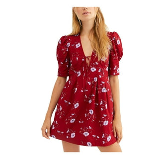 Free People Women's Red Floral Short Sleeve Mini Dress Size M