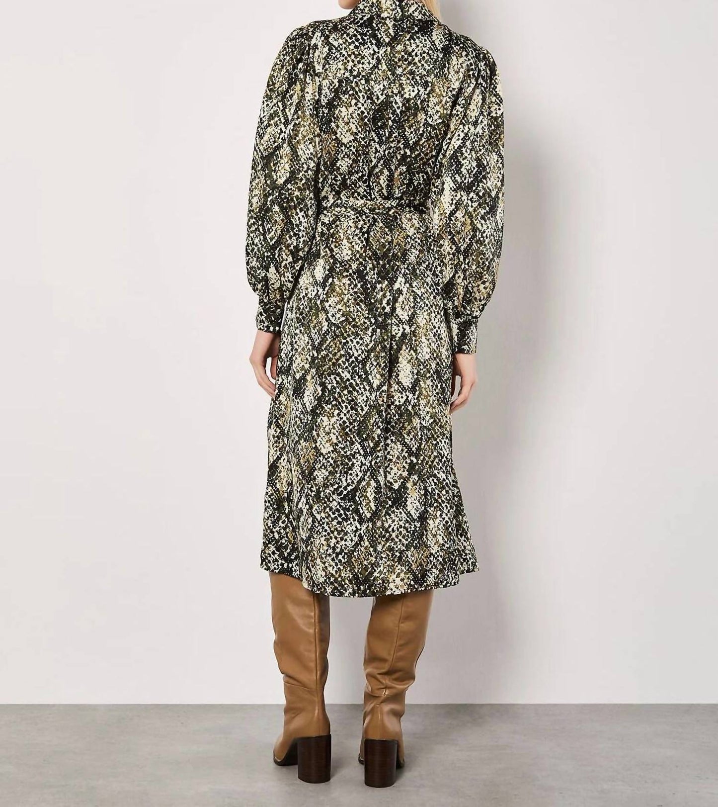 Apricot - Snakeskin Print Satin Shirt Midi Dress