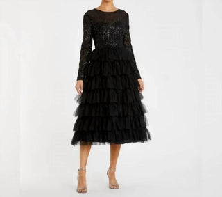 Mac Duggal - Vestido midi de manga comprida com babados e camadas