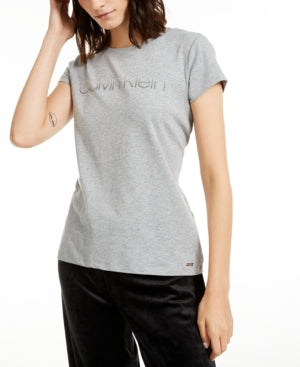Calvin Klein Womens Embellished Crewneck Logo T-Shirt Gray S