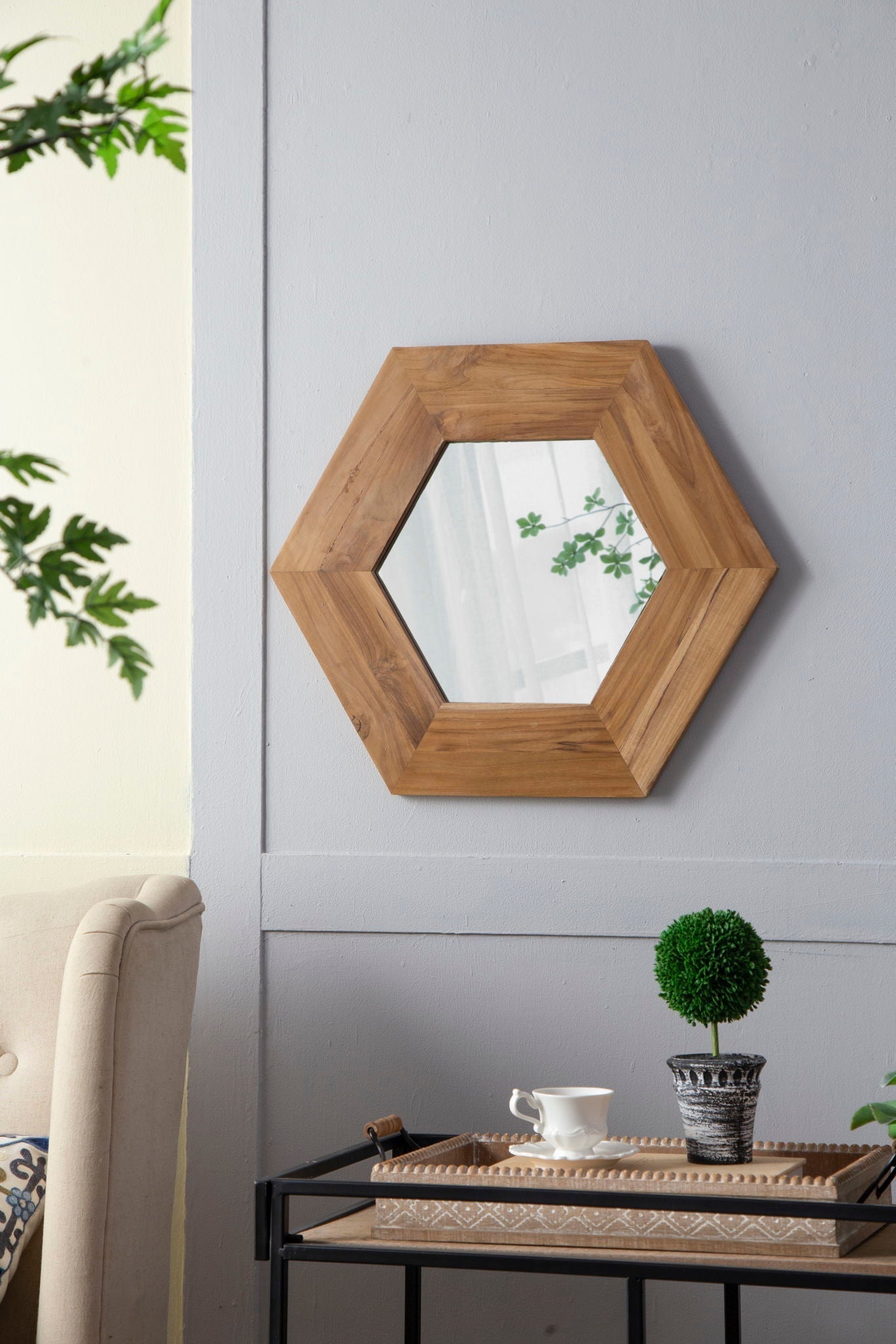 Hexagon Mirror With Natural Wood Frame
