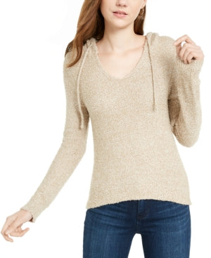 Crave Fame Womens V-Neck Heathered Hoodie Tan XS