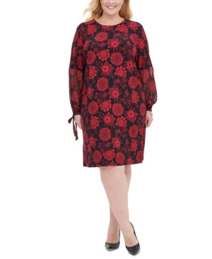 TOMMY HILFIGER Womens Red Long Sleeve Below The Knee Sheath Dress Plus 22W