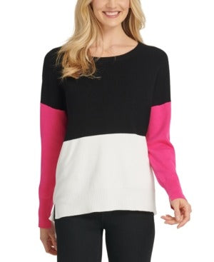 Suéter feminino DKNY com gola redonda e acabamento canelado em bloco de cores, preto, tamanho P