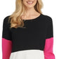 Suéter feminino DKNY com gola redonda e acabamento canelado em bloco de cores, preto, tamanho P