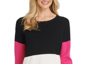 Suéter feminino DKNY com gola redonda e acabamento canelado em bloco de cores, preto, tamanho P