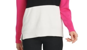 Suéter feminino DKNY com gola redonda e acabamento canelado em bloco de cores, preto, tamanho P