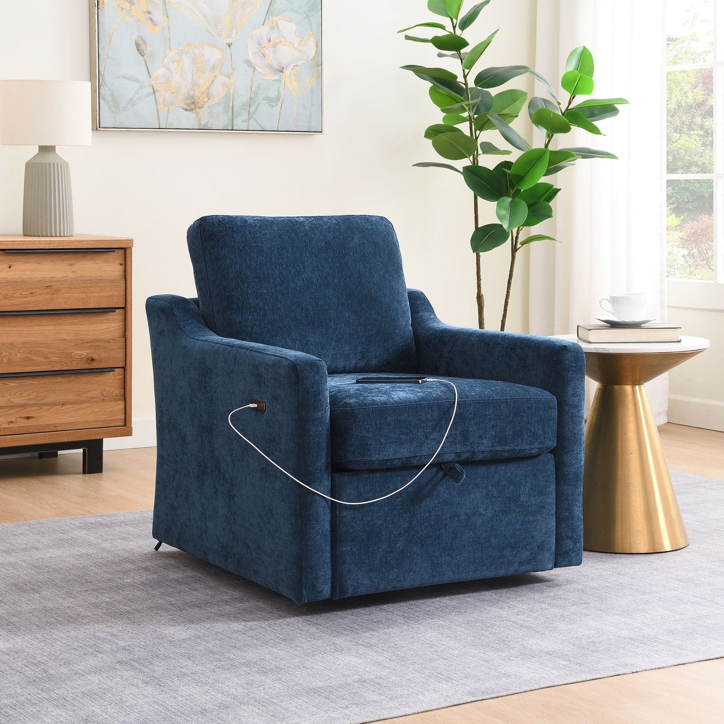 Swivel Arm Chair With USB Type-C Charging And Book Pocket