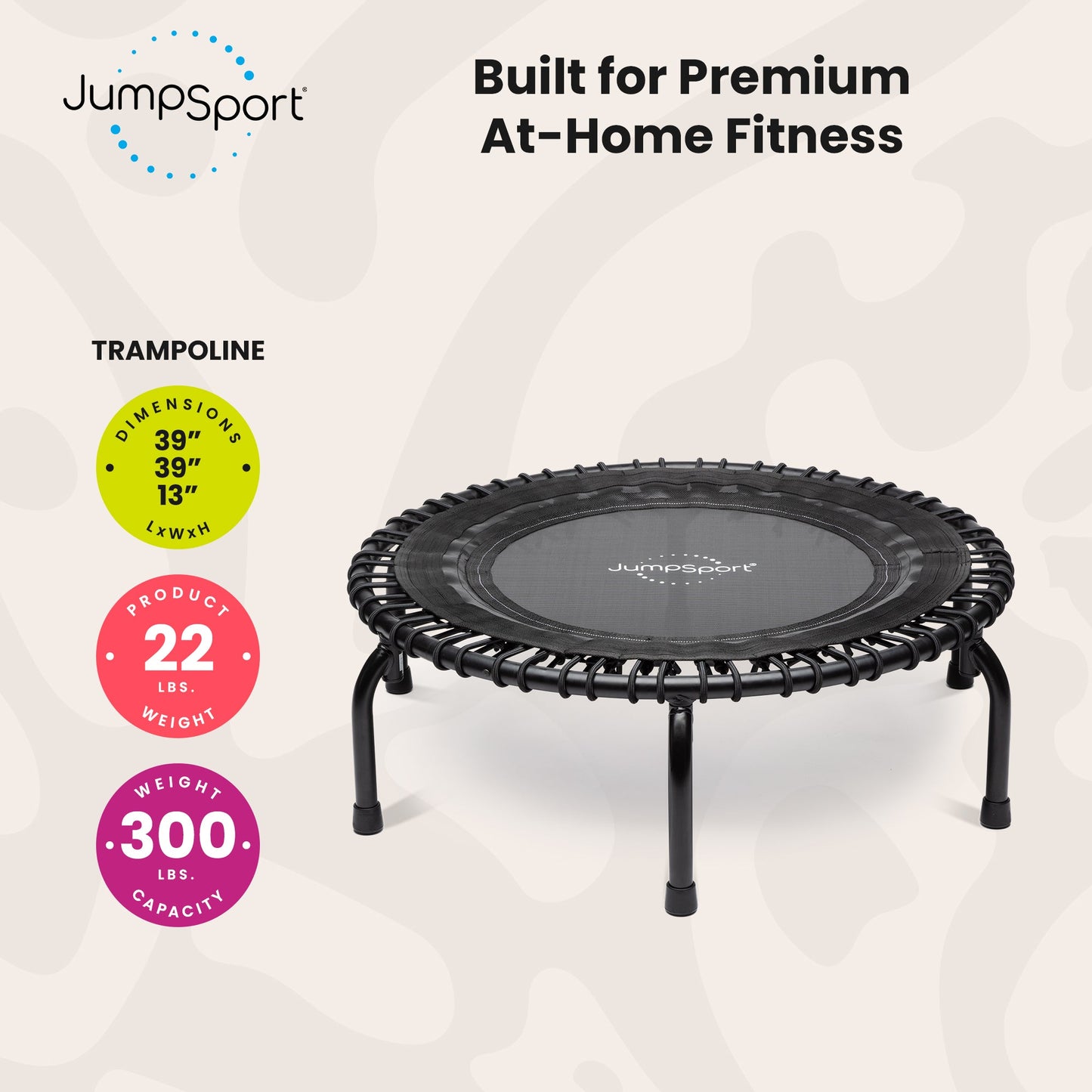 Trampolim de fitness leve para ambientes internos JumpSport 350 de 39", preto com estrutura branca
