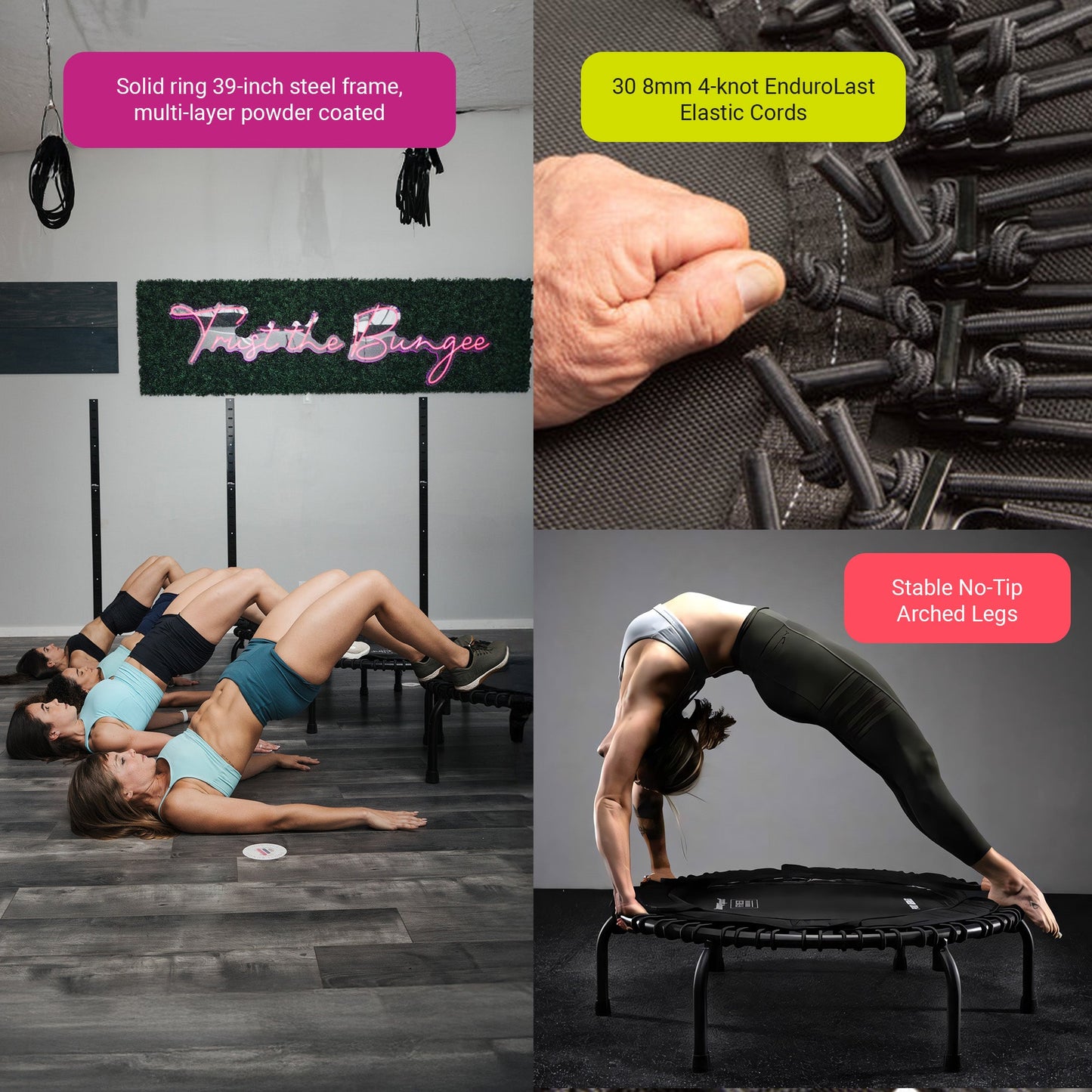 Trampolim de fitness leve para ambientes internos JumpSport 350 de 39", preto com estrutura branca