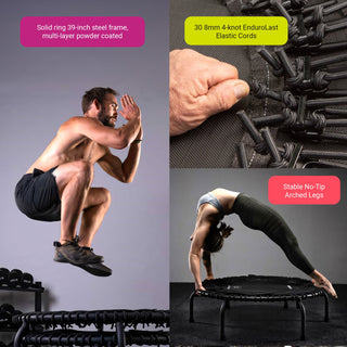 JumpSport 370 PRO Trampolim de fitness leve e resistente para ambientes internos de 39 pol., preto