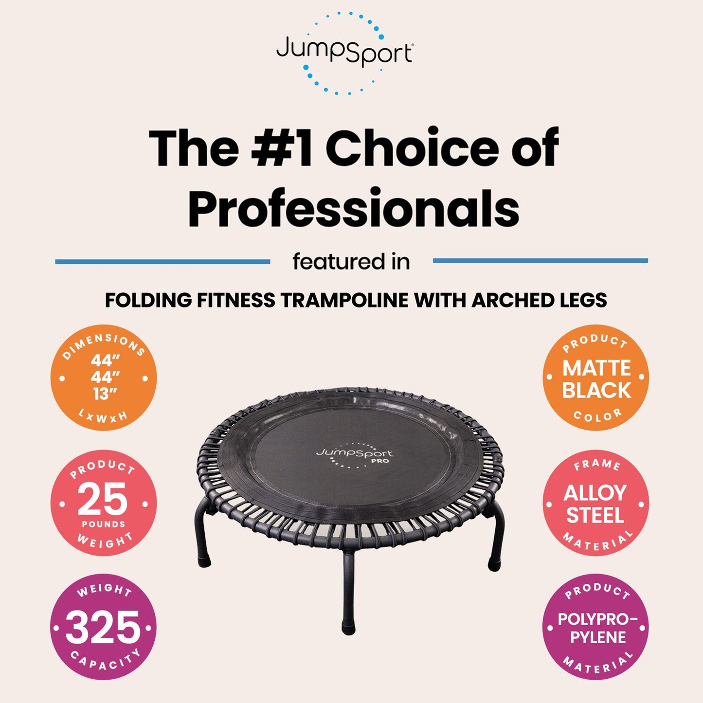 JumpSport 550f PRO Trampolim de fitness dobrável leve para ambientes internos de 44 polegadas, preto