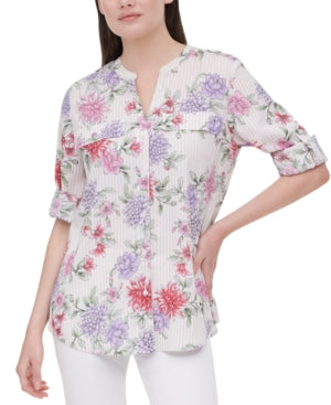 Calvin Klein Printed Tab-Sleeve Top - Orange XL