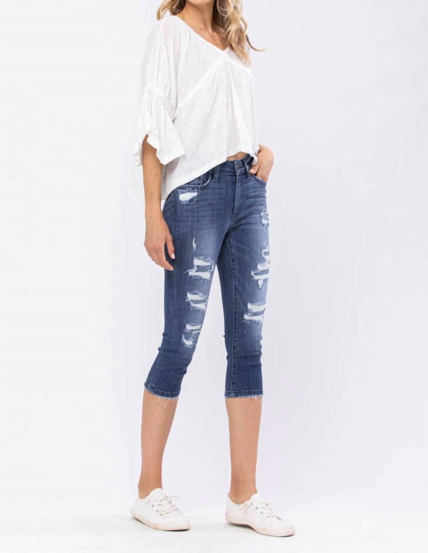 Judy Blue - Mid-rise Contrast Patch Skinny Capri Jeans - Plus Size
