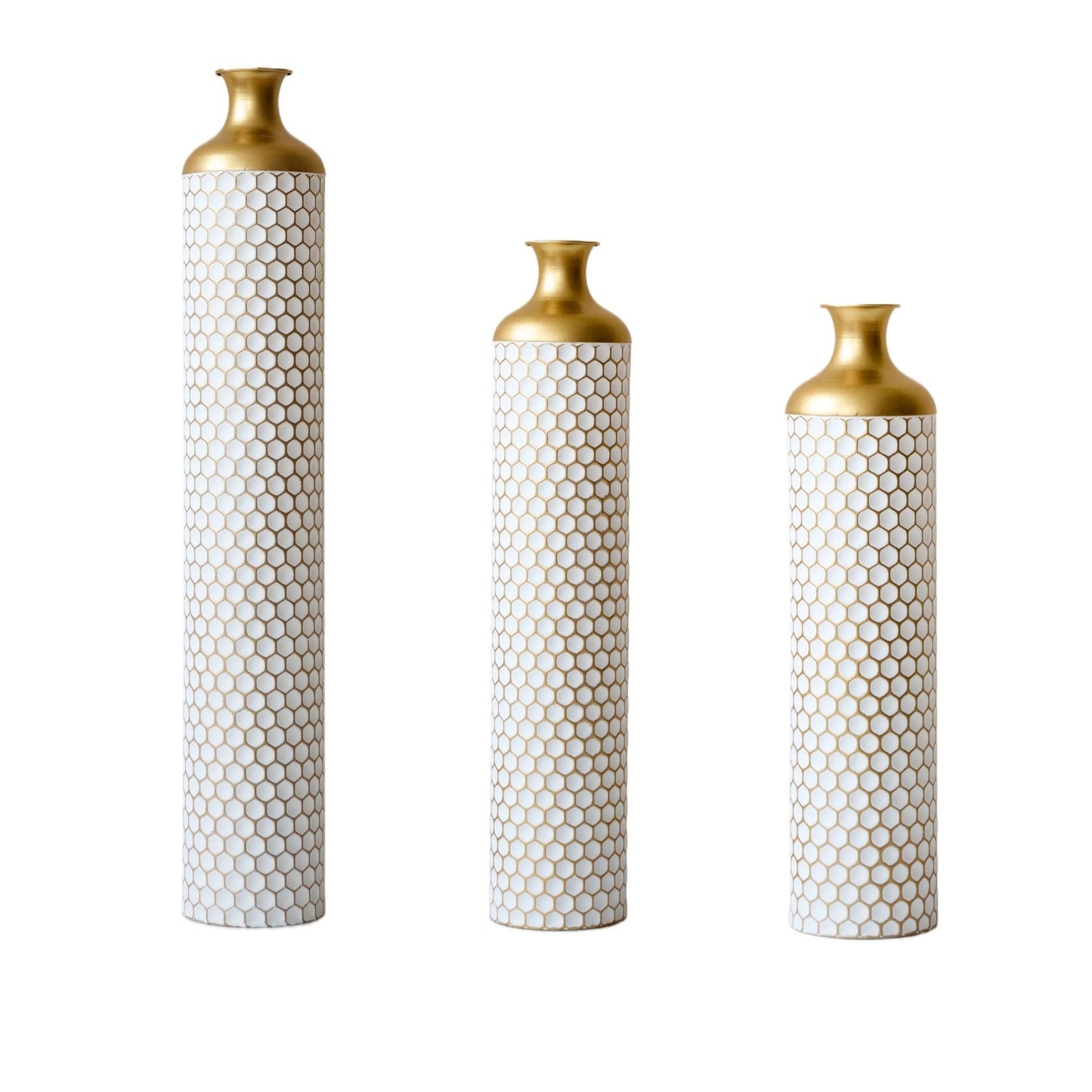 3 Piece Large Glazed Floor Vase Set - Gold and White