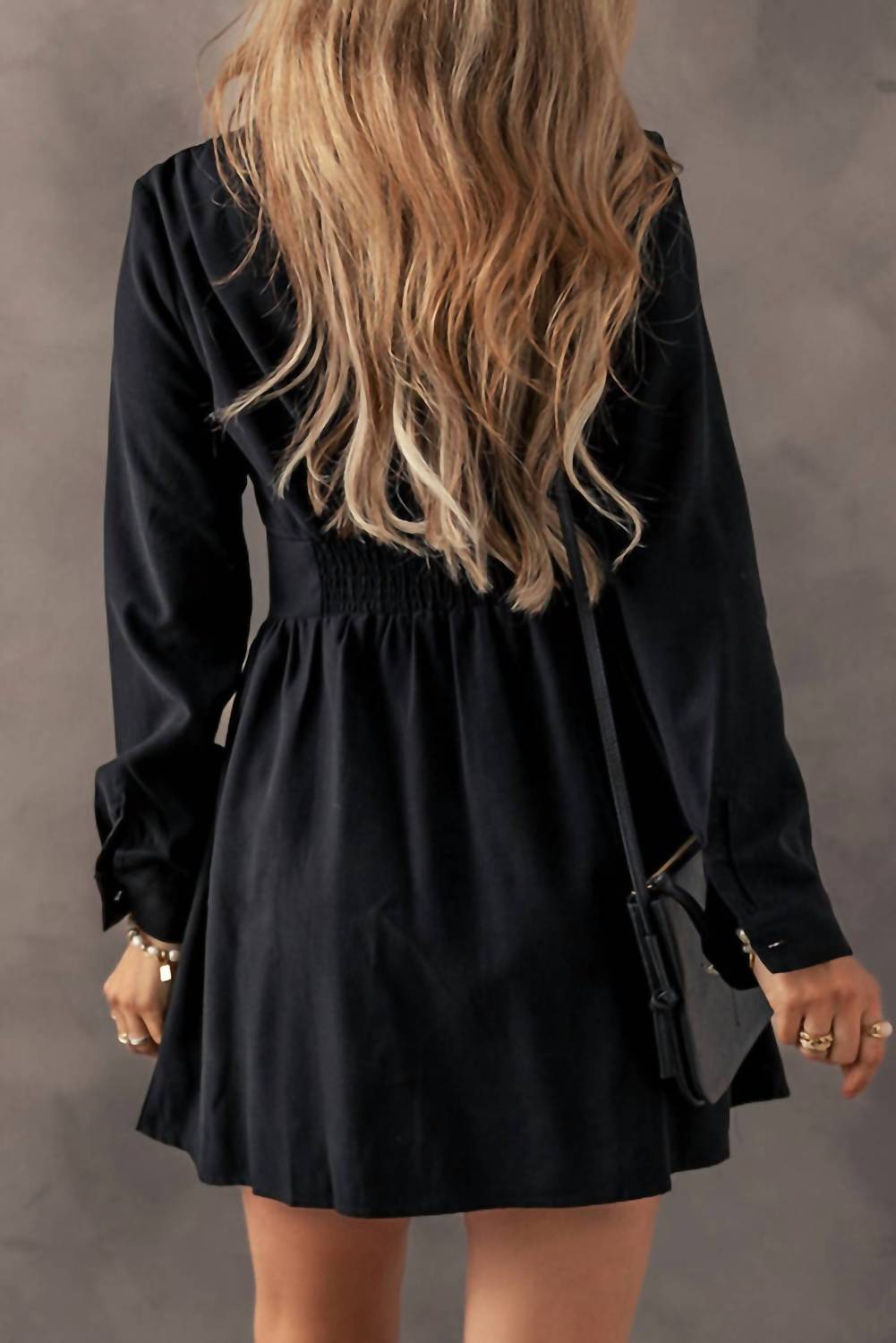 Little Daisy Closet - Elastic Cinched High Waist Long Sleeve Shirt Mini Dress