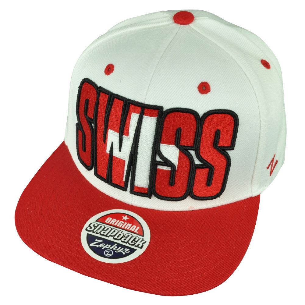Zephyr Swiss Switzerland Adjustable Snapback White Backdrop Villain Hat Cap