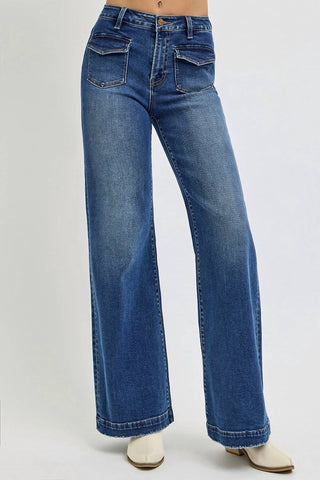 Risen - Calça jeans de cintura alta com perna larga e bolso frontal