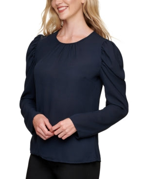DKNY Women's Navy Pleated Sheer Puff-Shoulder Long Sleeve Blouse - M