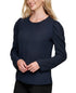 dkny-womens-navy-pleated-sheer-puff-shoulder-long-sleeve-blouse-m