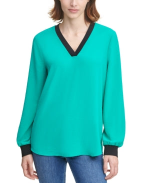 Calvin Klein Women s V Neck Solid Top Green Size Medium