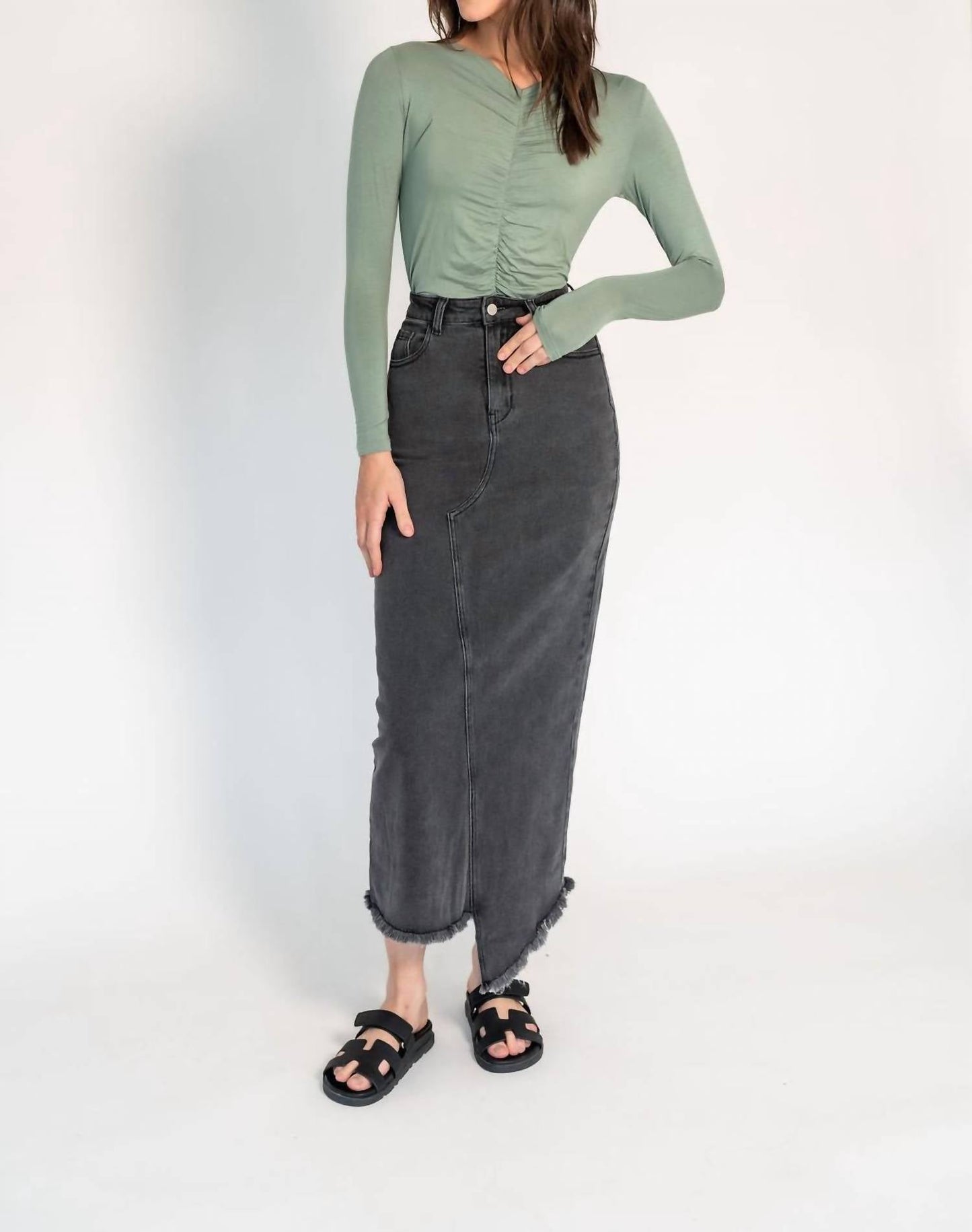 Recollection Brand - Frayed Hem Asymmetrical Stretch Denim Maxi Skirt
